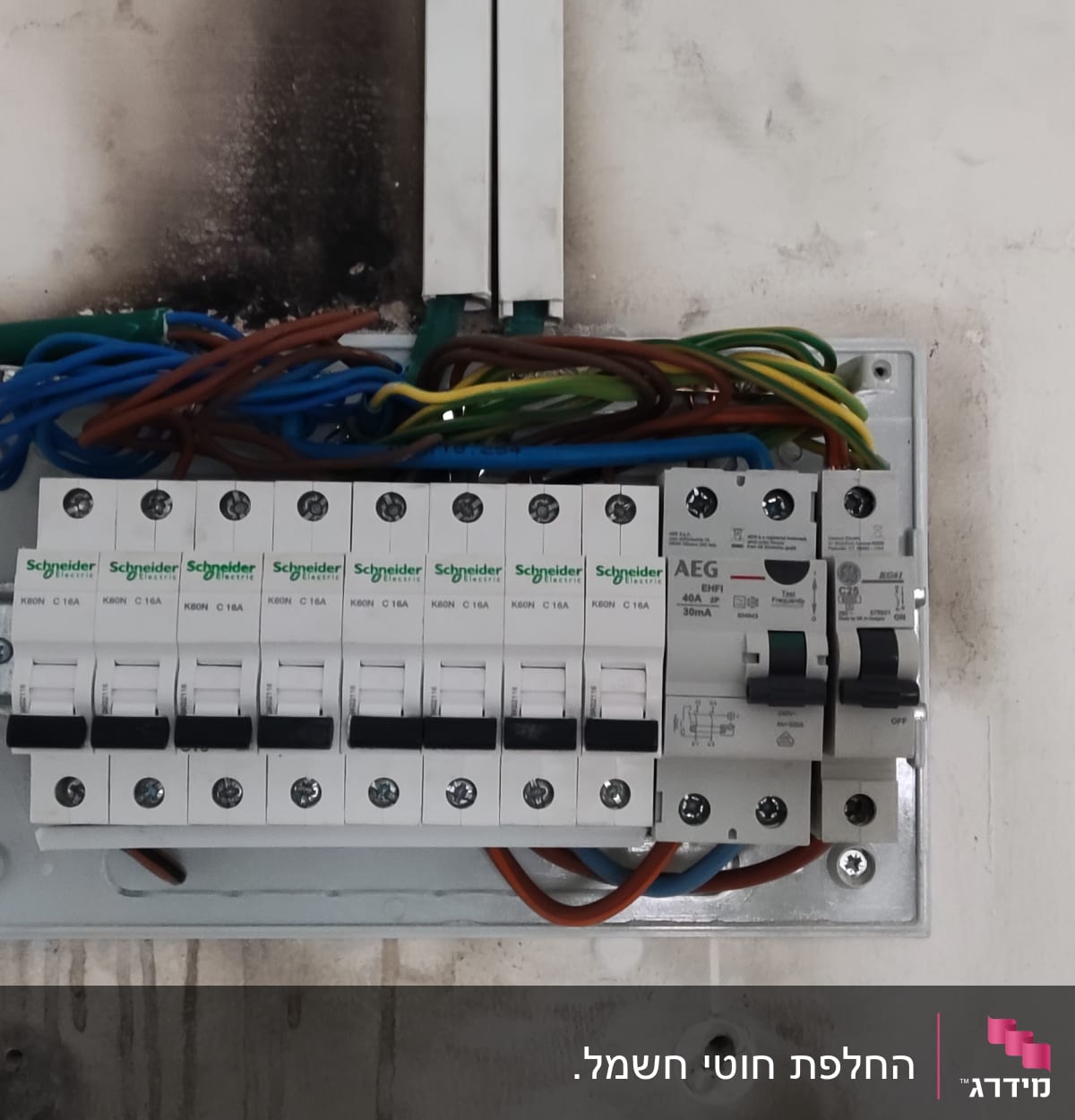 לוח חשמל עם מפסקים וחוטים צבעוניים